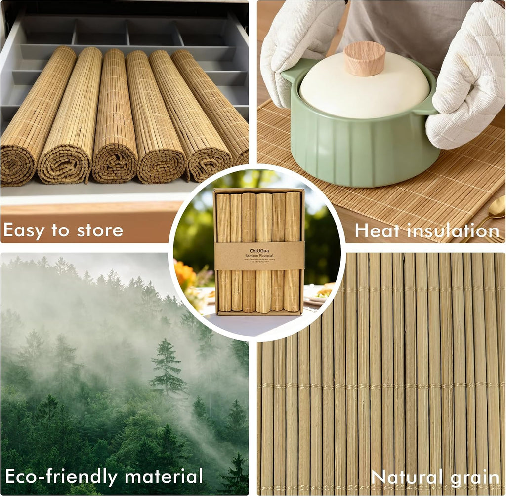 4-Pack Bamboo Placemats,Woven Heat-Resistant Rectangular Table Mats,Natural Dining Place Mats,Rustic Japanese Style Wood Mats for Indoor Dining,Kitchen and Party Use, Coffee