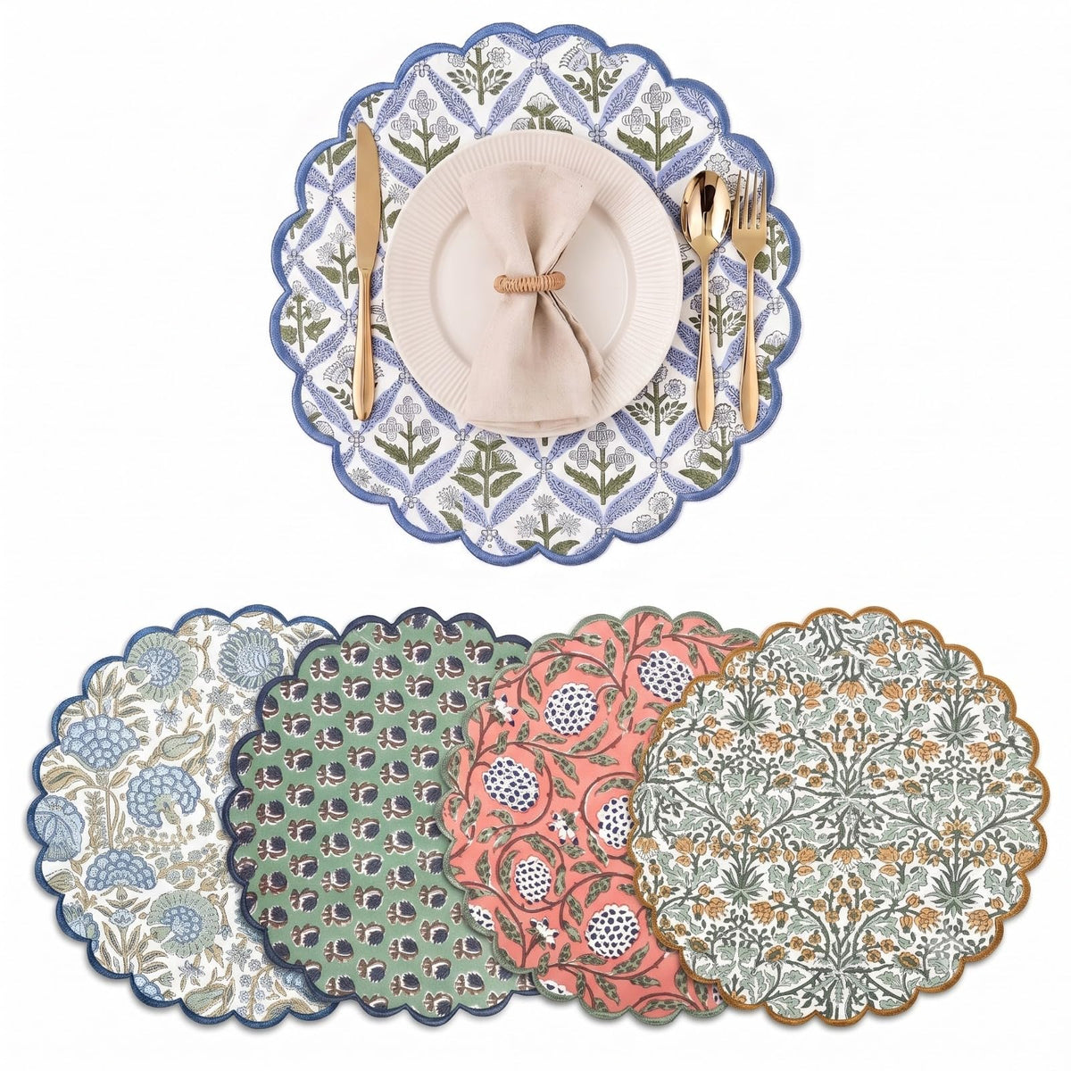 Ridhi Floral Block Print Round Placemats 15" in, Set of 4, Powder Blue
