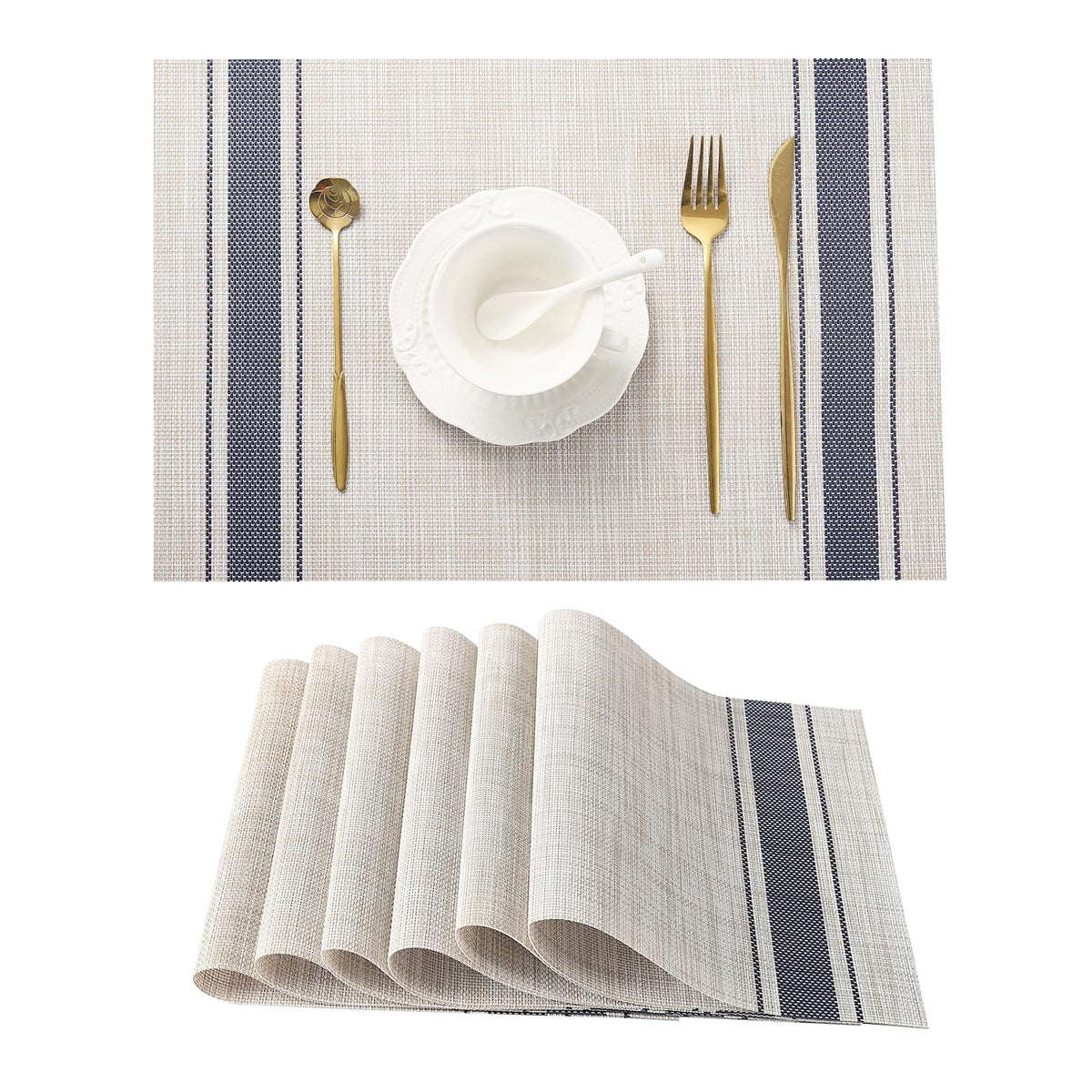Beige White Placemats Set of 4 - Heat Resistant Non-Slip Place mats for Dining Table, Washable Durable PVC Vinyl Woven Table Mats(Beige White, 4)