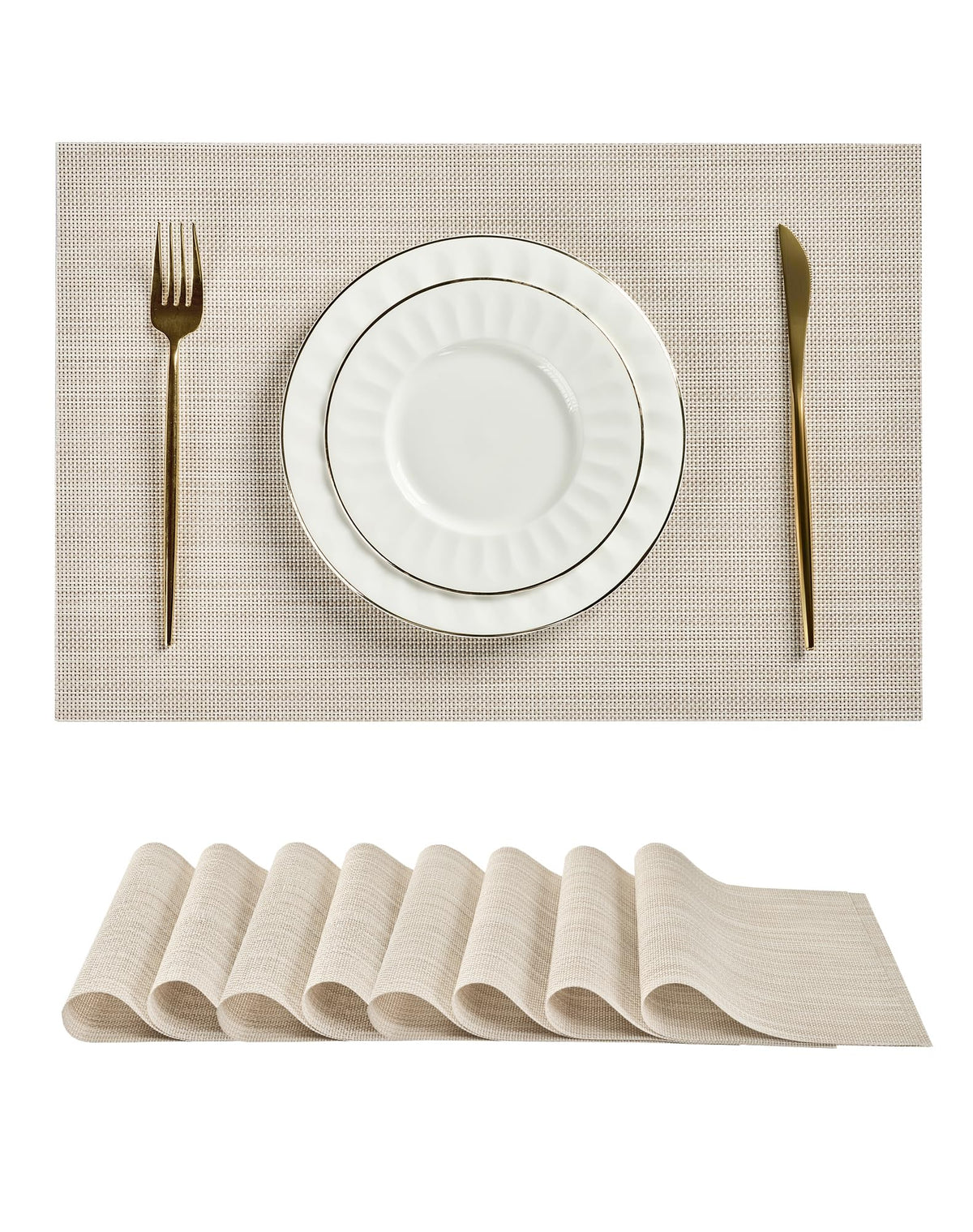 Beige White Placemats Set of 4 - Heat Resistant Non-Slip Place mats for Dining Table, Washable Durable PVC Vinyl Woven Table Mats(Beige White, 4)