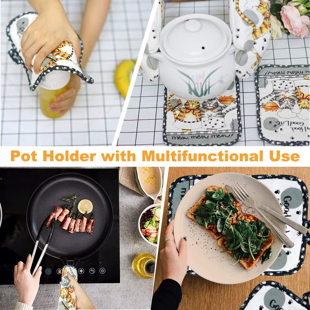 Oven Mitts and Pot Holders Sets, Funny Kitchen Oven Mitts Heat Resistant of 500 Degrees, Pure Cotton Hot Pads and Oven Mitts Sets for Baking,Cooking,BBQ Grilling-White Cat(4Pcs Set)