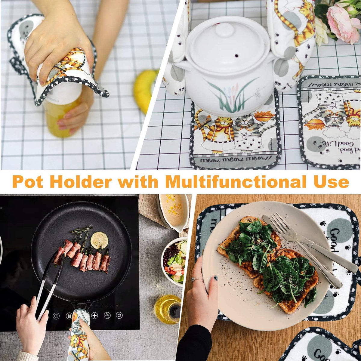 Oven Mitts and Pot Holders Sets, Funny Kitchen Oven Mitts Heat Resistant of 500 Degrees, Pure Cotton Hot Pads and Oven Mitts Sets for Baking,Cooking,BBQ Grilling-White Cat(4Pcs Set)