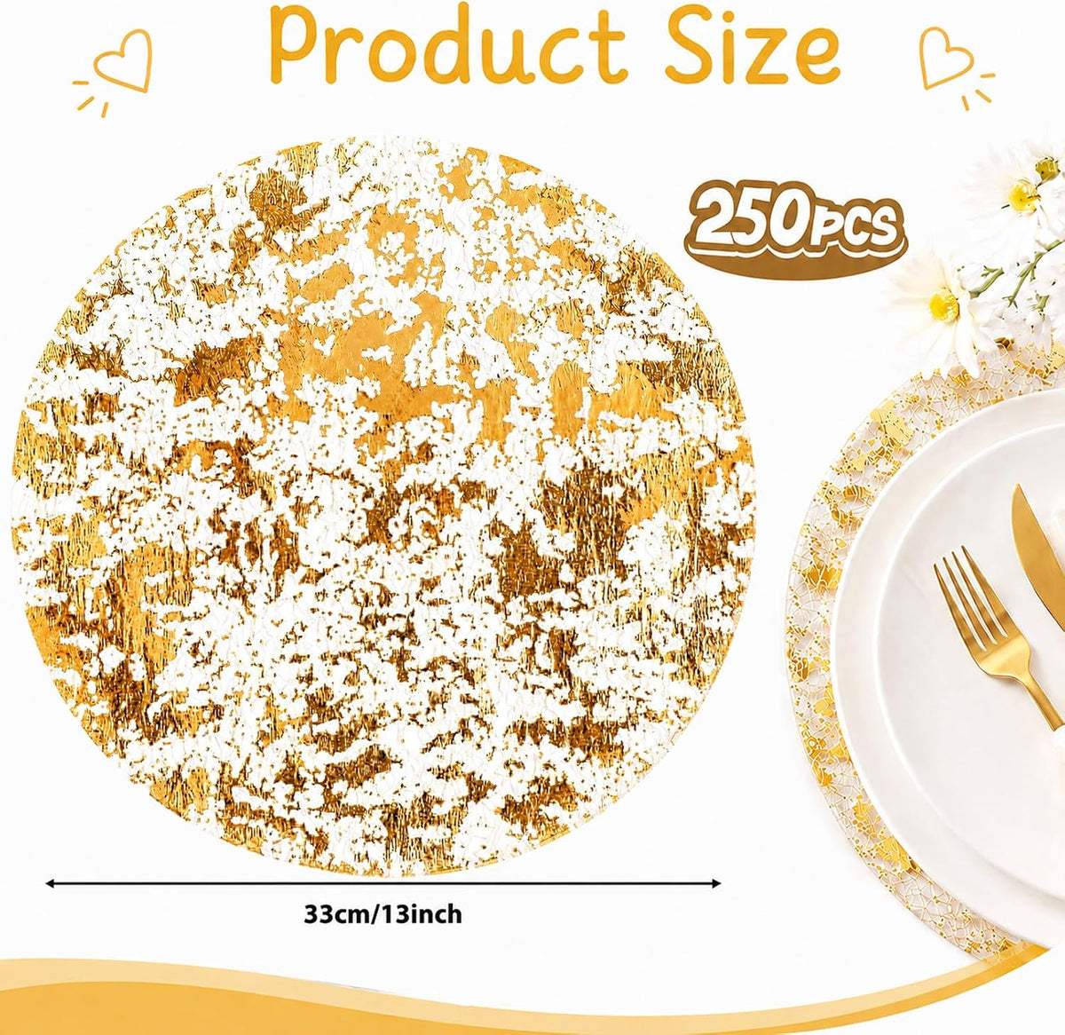 250Pcs 13'' Gold Foil Placemat Disposable, Mesh Pressed Table Doilies