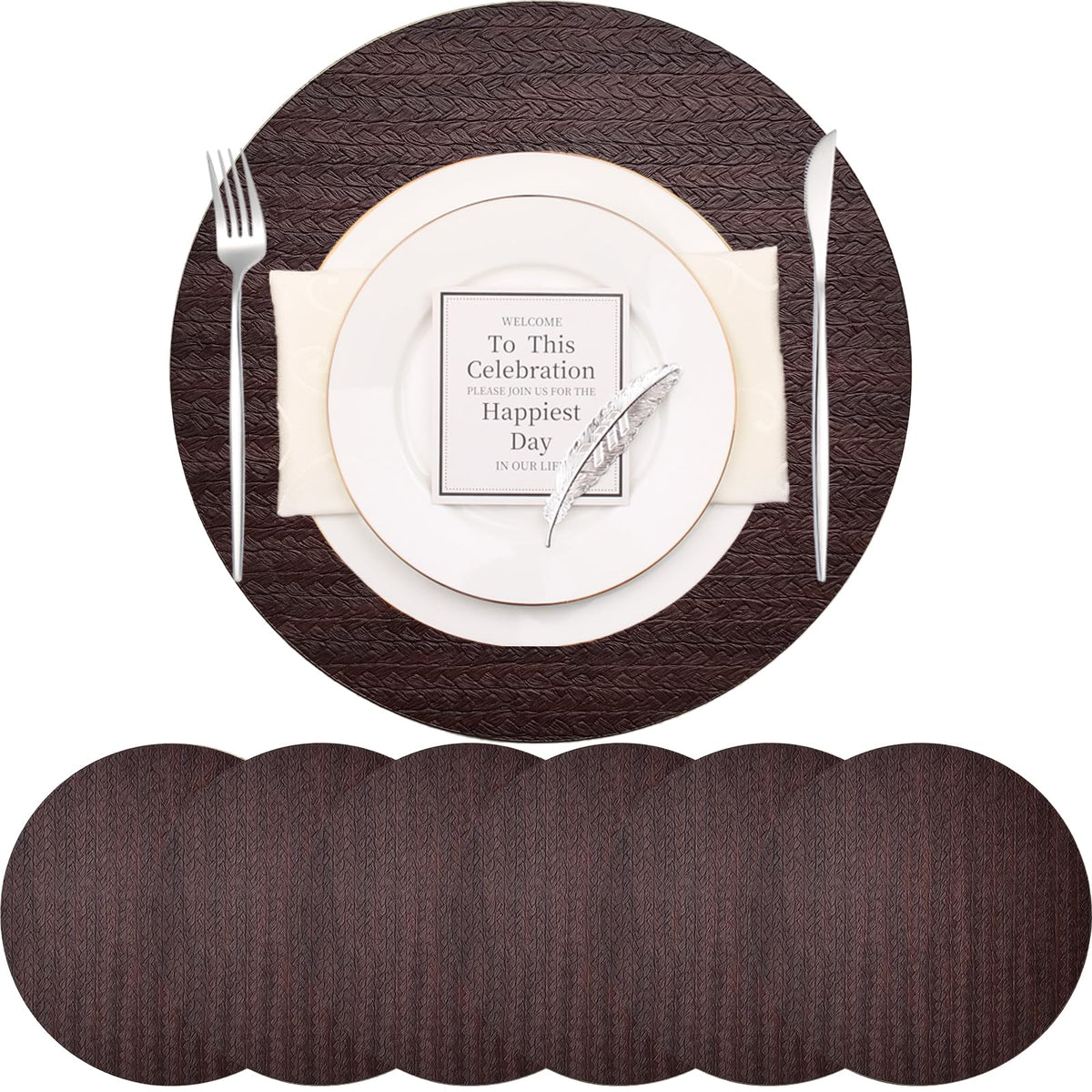 PIGCHCY Place Mats Heat-Resistant Non Slip Placemats Easy Wipe Clean Table Mats Woven Vinyl Placemats for Dining Table(Set of 6, Brown)