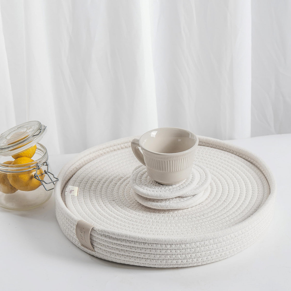 5-Piece Round Cotton Rope Placemats & Holder, Off White