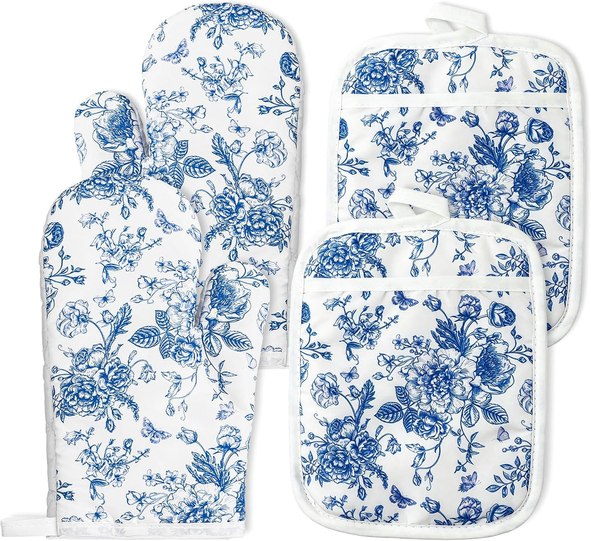 AnyDesign 4Pcs Blue Chinoiserie Floral Oven Mitts and Pot Holders Set