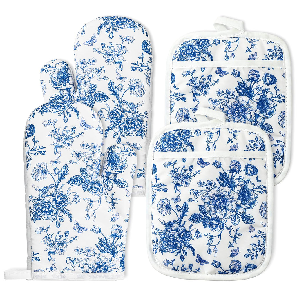 AnyDesign 4Pcs Blue Chinoiserie Floral Oven Mitts and Pot Holders Set