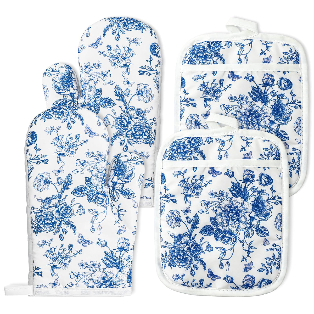 AnyDesign 4Pcs Blue Chinoiserie Floral Oven Mitts and Pot Holders Set