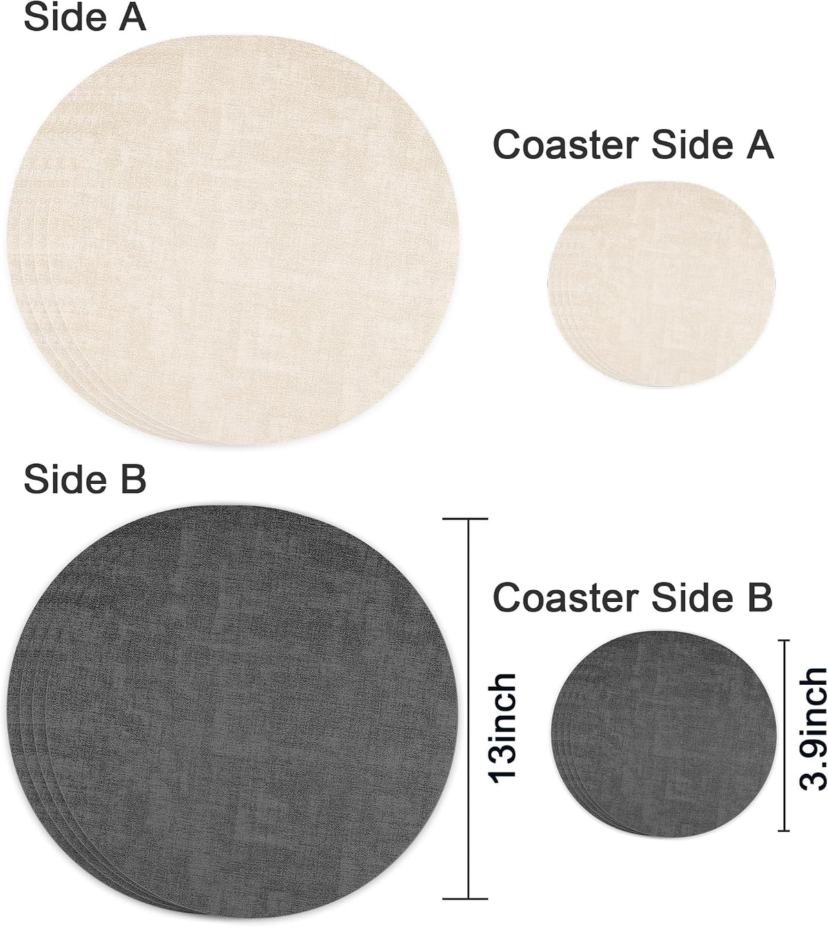 Fyvva Placemats Set of 4, 13" Round Reversible Faux Leather with Coasters
