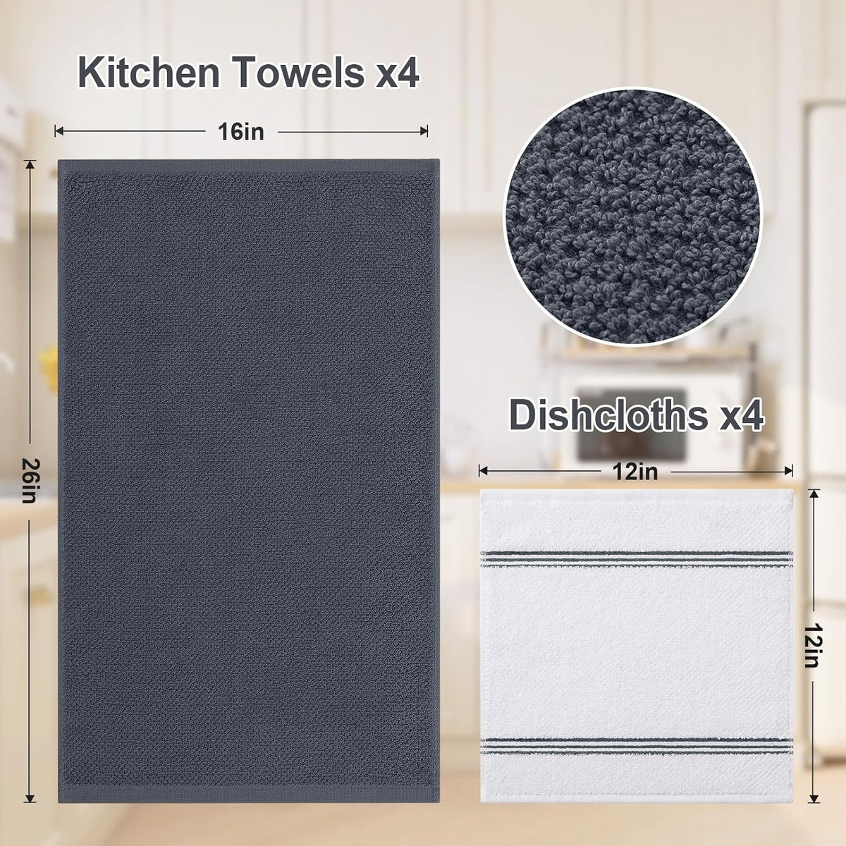 Homaxy Dual Design Kitchen Towels and Dishcloths Set, 8 Pack, Dark Grey