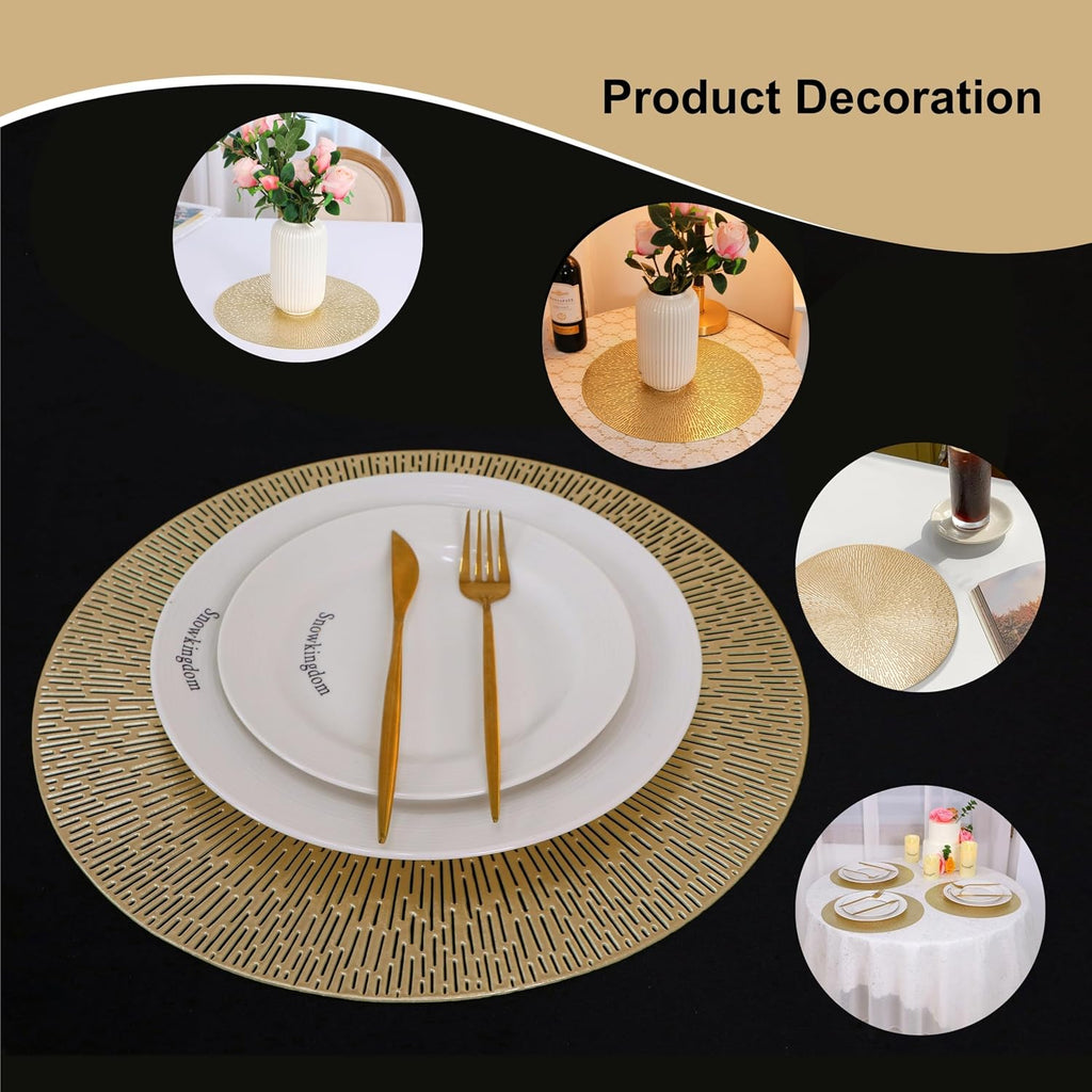 Snowkingdom Gold Placemats Round Set of 8, Gold Metallic Hollow Vinyl 15 Inch Round Placemat, Washable Wipeable Easy Clean Non Slip Stain Kitchen Dining Table Place Mats for Wedding Party Decoration
