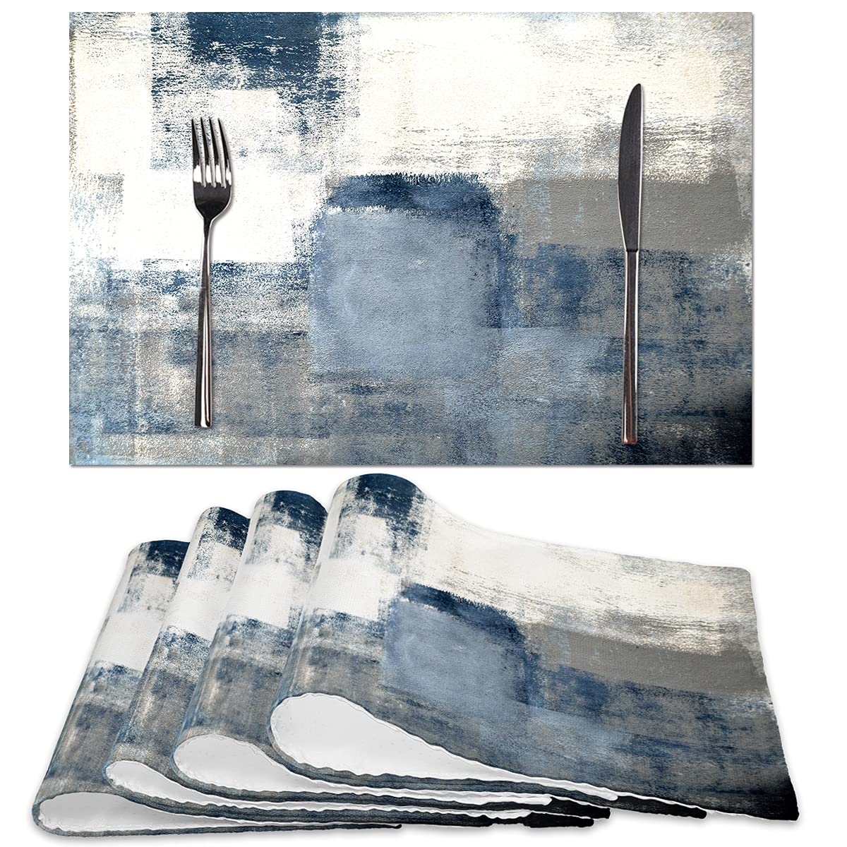 Blue and Grey Placemats Set of 4 Modern Abstract Art Placemats Heat Resistant Non-Slip Artwork Dining Placemats Washable Table Mats for Home Kitchen (Blue and Grey, 18"X12")