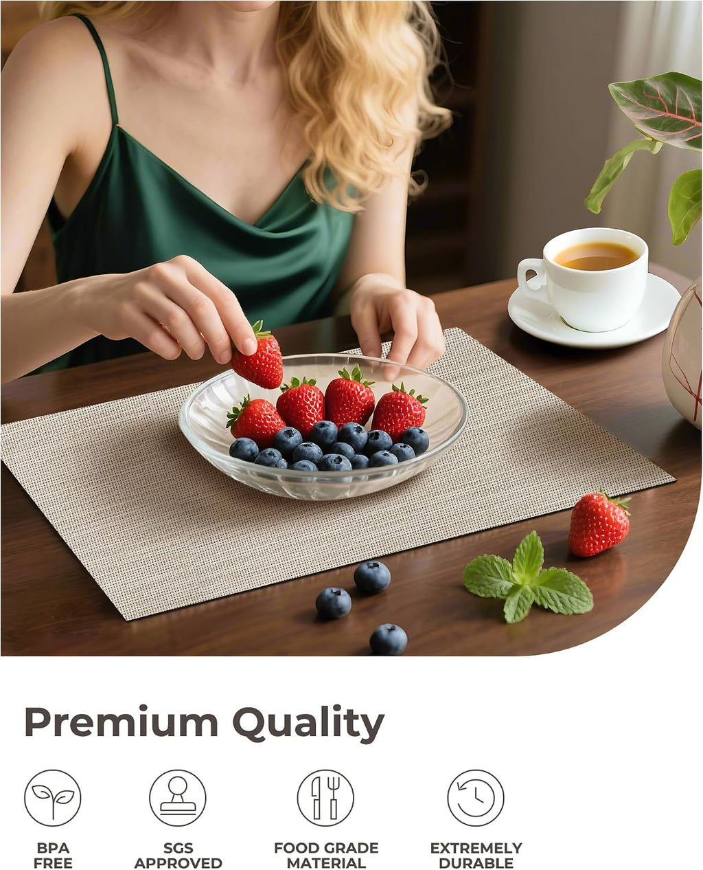 Beige White Placemats Set of 4 - Heat Resistant Non-Slip Place mats for Dining Table, Washable Durable PVC Vinyl Woven Table Mats(Beige White, 4)