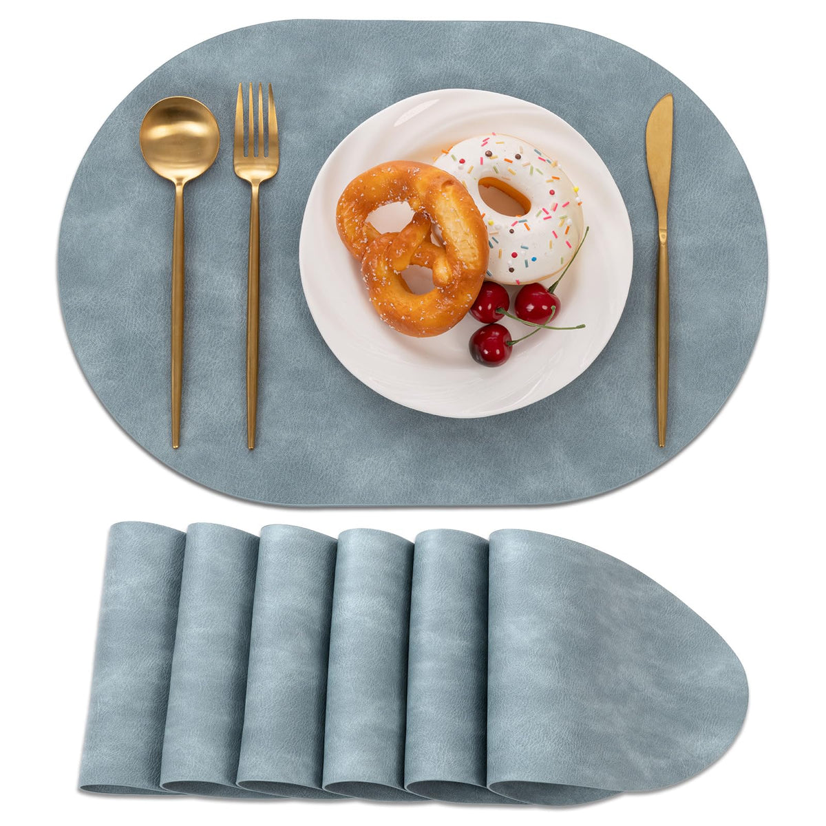 SHACOS Faux Leather Oval Placemats Set of 6 Heat Resistant, White Oak Beige