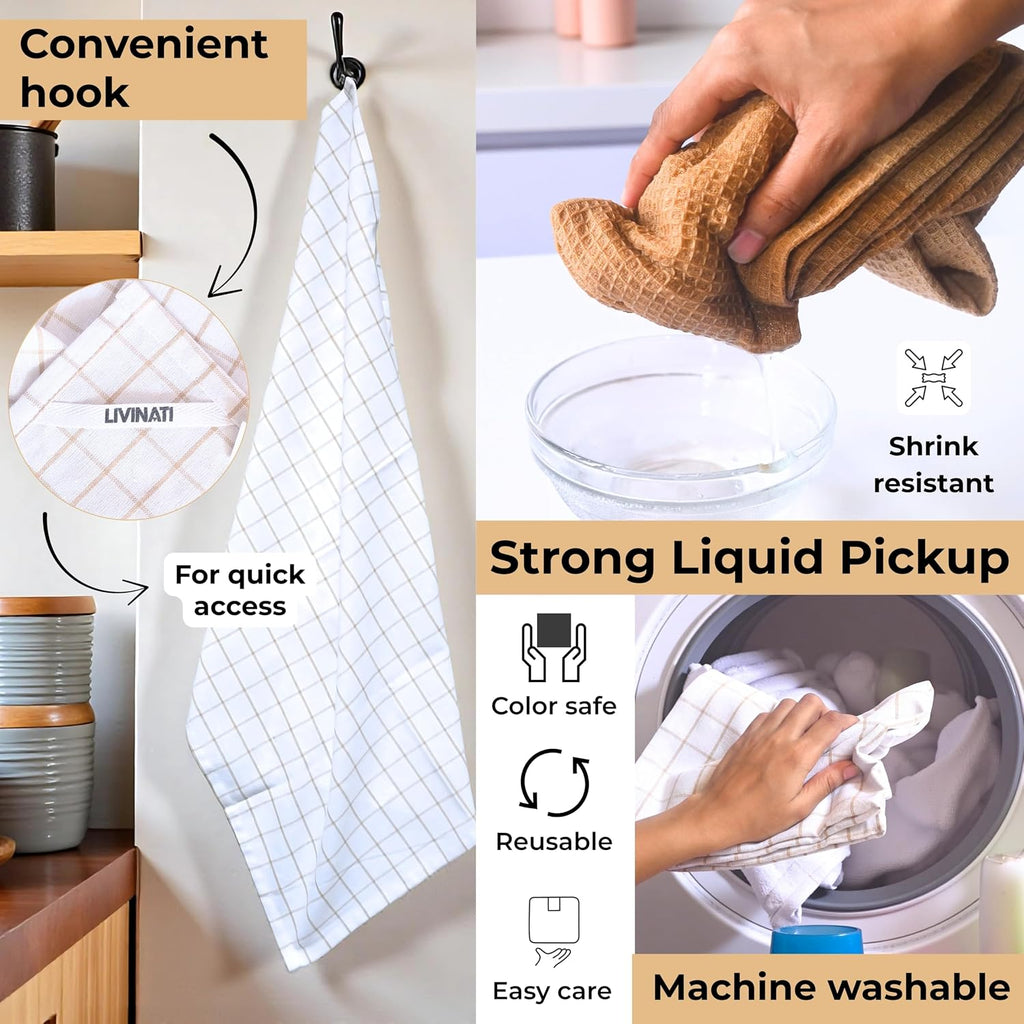 Cotton Dish Towels For Kitchen Drying - Highly Absorbent Wide Beige Striped Plaid Tea Towels - 18"X28" Set Of 6 Farmhouse Linen Dishtowels In Bulk - Pano De Prato Para Cozinha - T Towles Towls