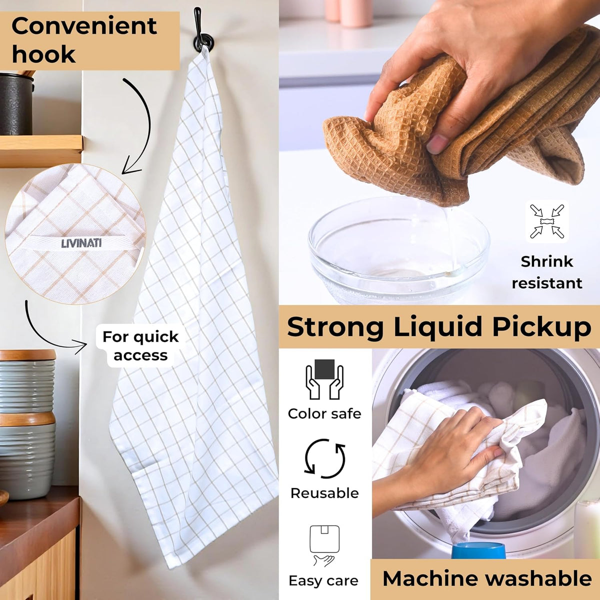 Cotton Dish Towels For Kitchen Drying - Highly Absorbent Wide Beige Striped Plaid Tea Towels - 18"X28" Set Of 6 Farmhouse Linen Dishtowels In Bulk - Pano De Prato Para Cozinha - T Towles Towls