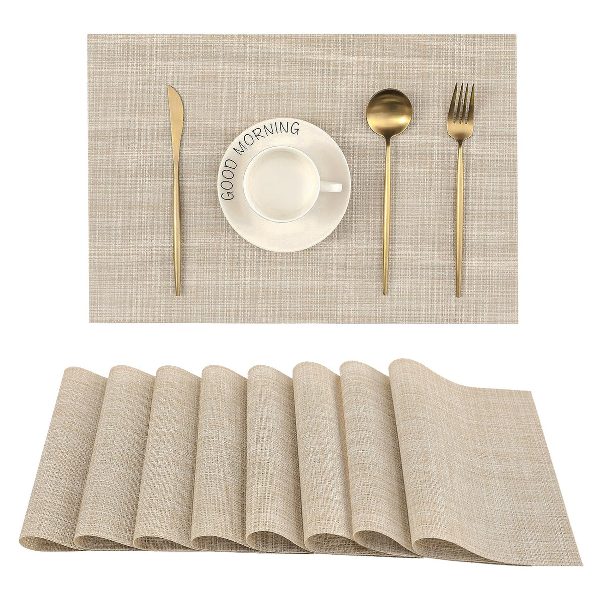 Beige White Placemats Set of 4 - Heat Resistant Non-Slip Place mats for Dining Table, Washable Durable PVC Vinyl Woven Table Mats(Beige White, 4)