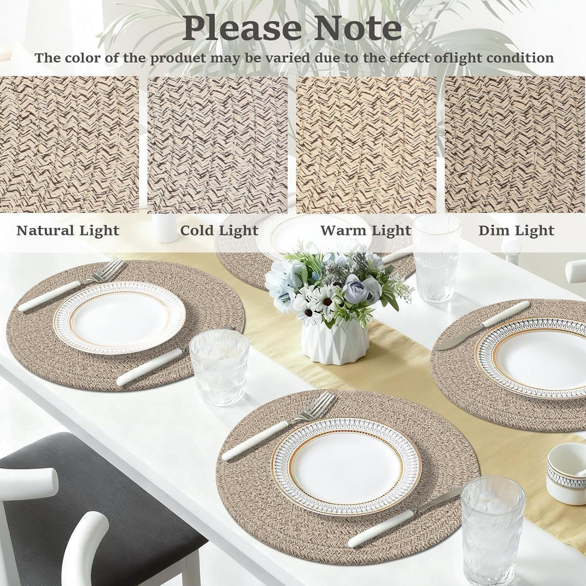 Round Placemats Set of 6, Cotton Rope Woven Table Mats, Hot Pads for Kitchen, Non Slip Heat Resistant Place Mats, 13 Inches Braided Placemat for Farmhouse Decor and Kitchen Table Decor (Brown)
