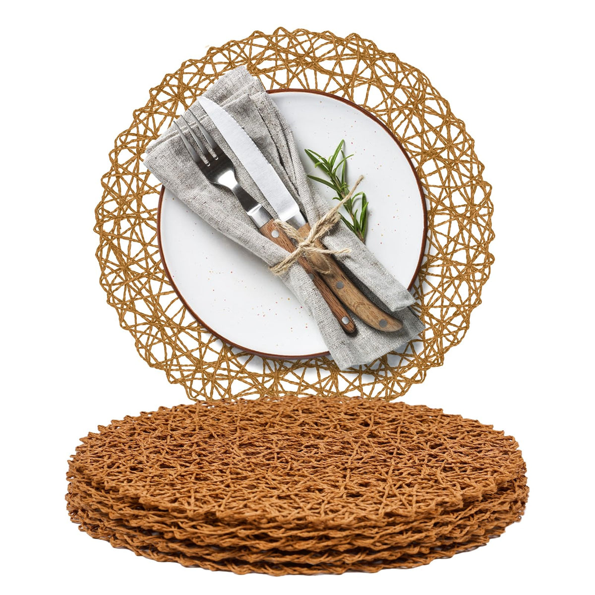 AHHFSMEI Paper Braided Round Placemats Set of 8 Natural Non-Slip Heat Resistant Table Mats for Dining Tables Woven Indoor & Outdoor Place mats(Coffee,8)
