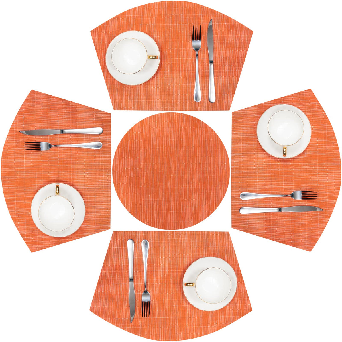 SHACOS Small Round Table Placemats Set of 5 Woven Vinyl Wedge Placemats with Centerpiece Round Table Mats Heat Resistant Wipe Clean (5, Black Gray)