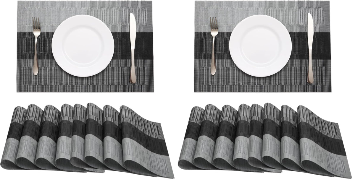 HeloHo Black Placemats Set of 4 Heat-Resistant Washable Place Mats Non-Slip Vinyl Woven Table Mats Wipeable Placemat for Kitchen Dining Table Decoration Indoor Outdoor
