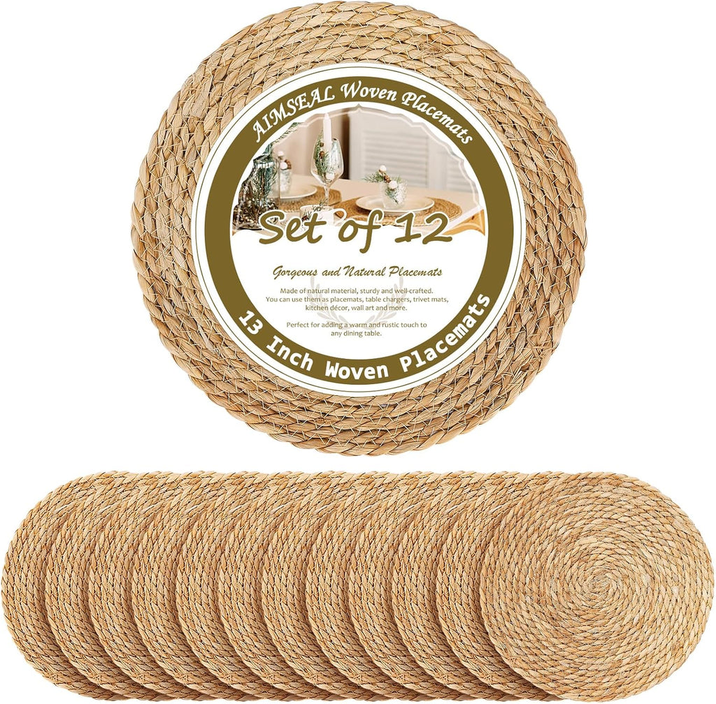 13" Round Placemats Set of 12, Rattan Place Mats for Dining Table Decor, Rustic Woven Wicker Chargers for Dinner Plates, Outdoor Patio, Farmhouse Wedding, Boho Water Hyacinth Braided Placemat