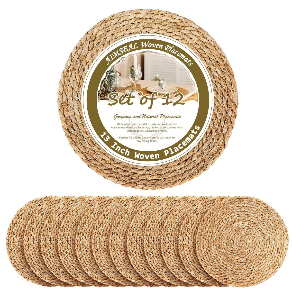 13" Round Placemats Set of 12, Rattan Place Mats for Dining Table Decor, Rustic Woven Wicker Chargers for Dinner Plates, Outdoor Patio, Farmhouse Wedding, Boho Water Hyacinth Braided Placemat