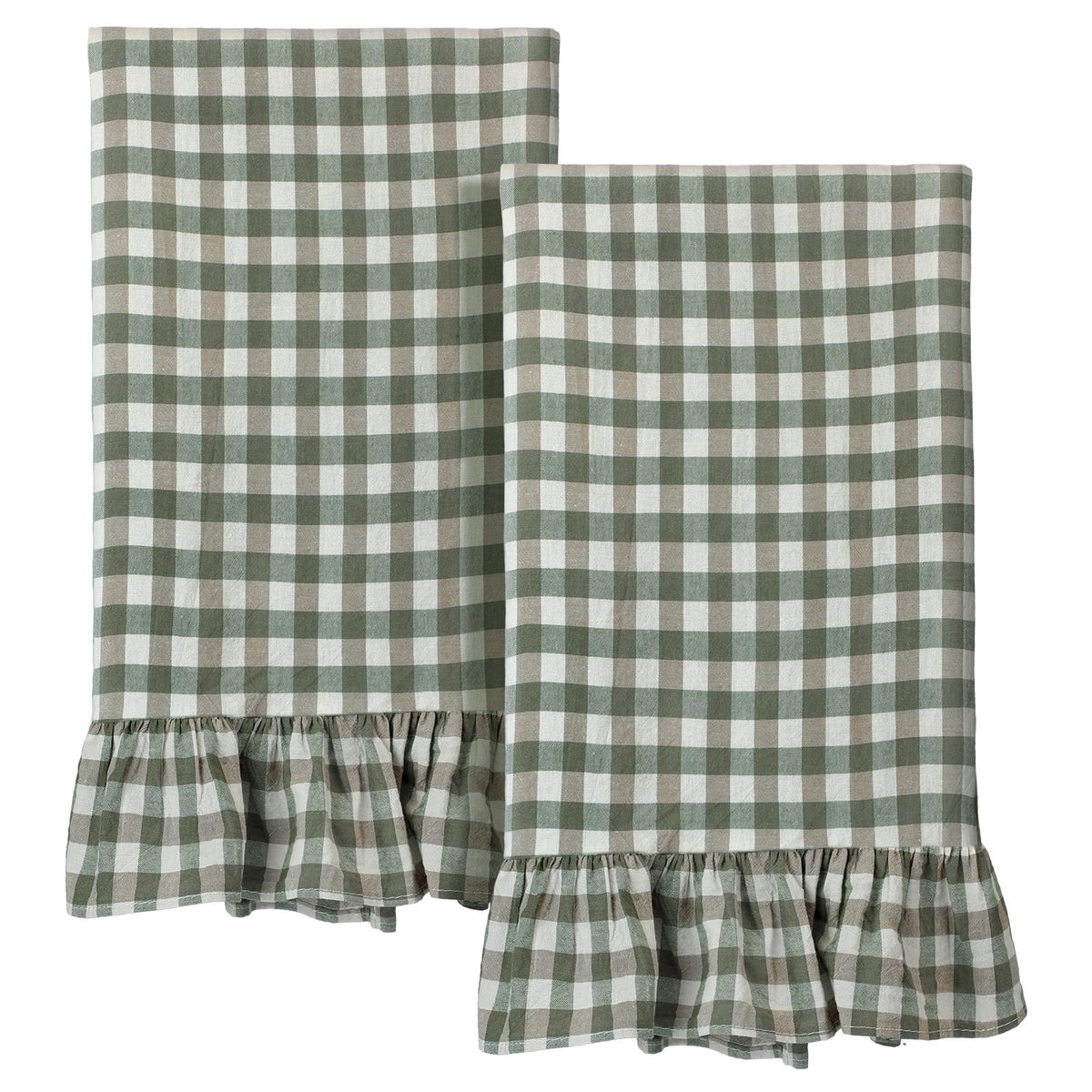 HunnmingRe 2 Pcs Green Gingham Kitchen Towels Cotton Ruffled