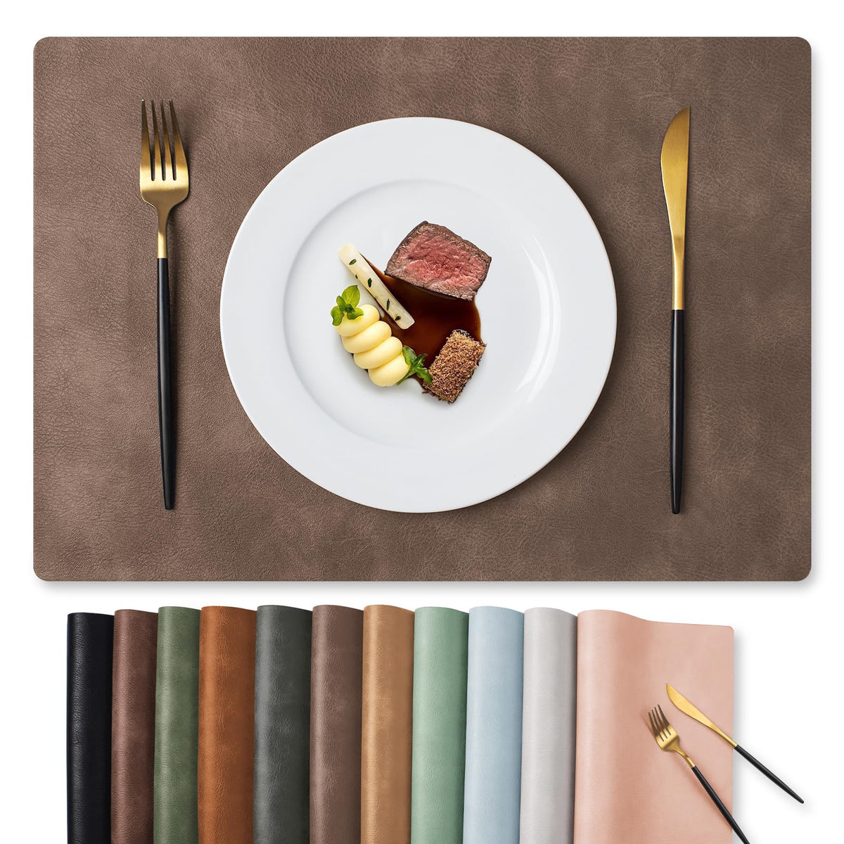 MOSAYT Vinyl Faux Leather Placemats, Set of 8, Reddish Brown