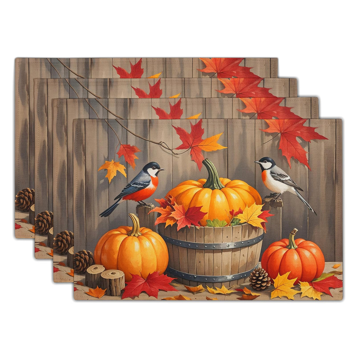 Fall Plaid Placemats Set of 4 Orange Navy Blue Buffalo Plaid Thanksgiving Themed Table Mats Farmhouse Place Mats Washable Linen Placemat for Party Kitchen Dining Decor 12x18 Inch