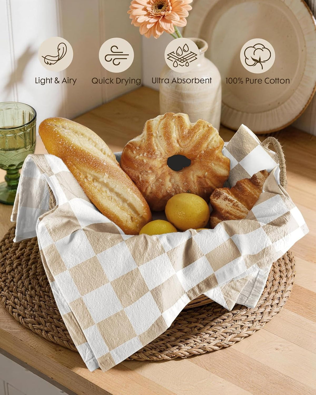 Miss Adola 2 Pack 150GSM Flour Sack Kitchen Towels, Beige Daisy