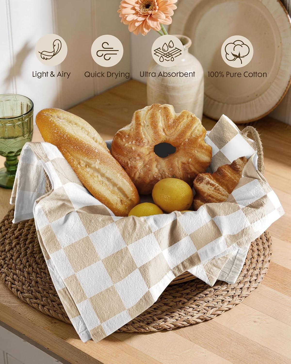 Miss Adola 2 Pack 150GSM Flour Sack Kitchen Towels, Beige Daisy