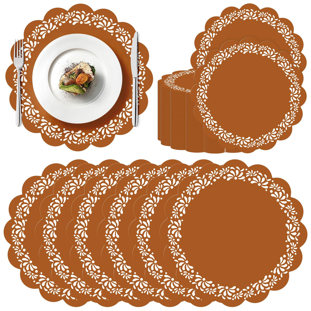 100 Pcs Fall Floral Paper Placemats 13.5 Inches Scalloped Brown Floral Paper Placemats Disposable Autumn Wildflower Place Mats for Wedding Bridal Baby Shower Thanksgiving Harvest Party Supplies