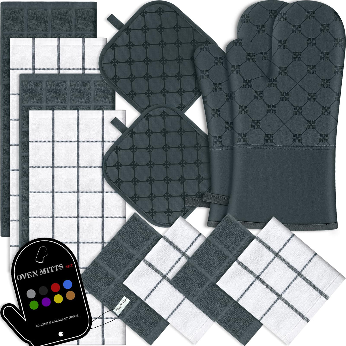 Oven Mitts Kitchen Towels Dishcloths with Pot Holders Sets 12PCS, Dish Towels Sets, Oven Gloves Pot Pads Heat Resistant 500 Degrees with Non-Slip Silicone Surface for Cooking Baking Grilling-Grey