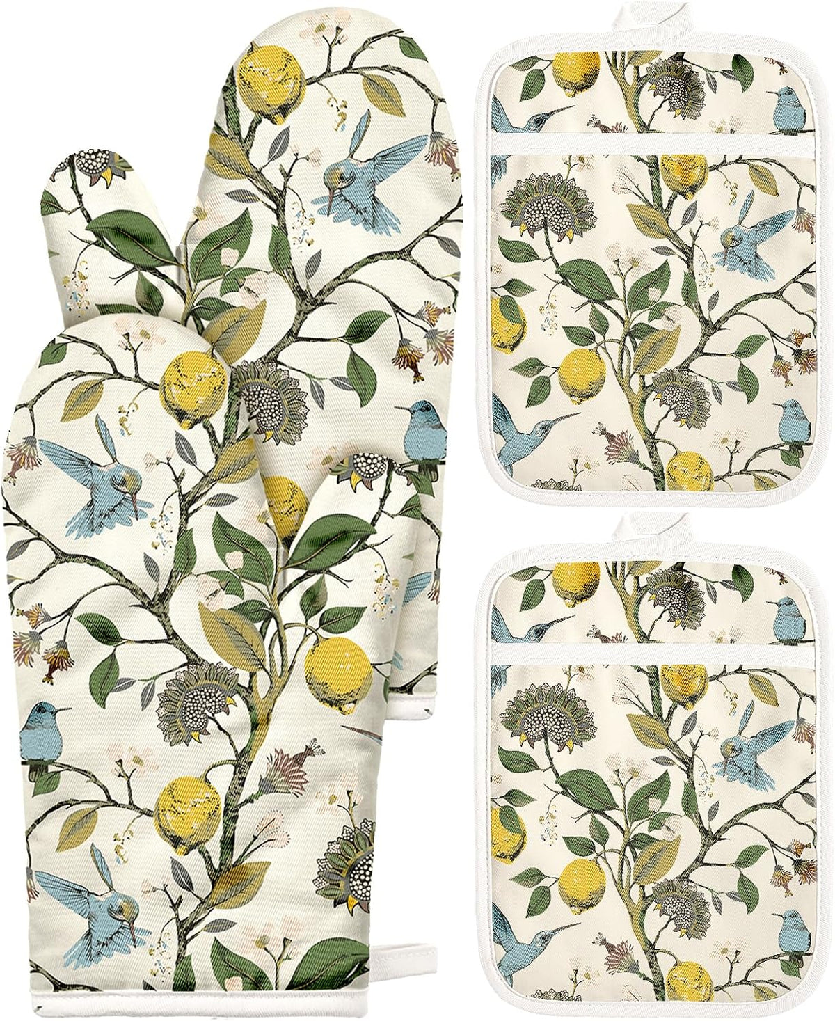 Miss Adola Cotton Oven Mitts and Pot Holders Sets, Lemon Songbird
