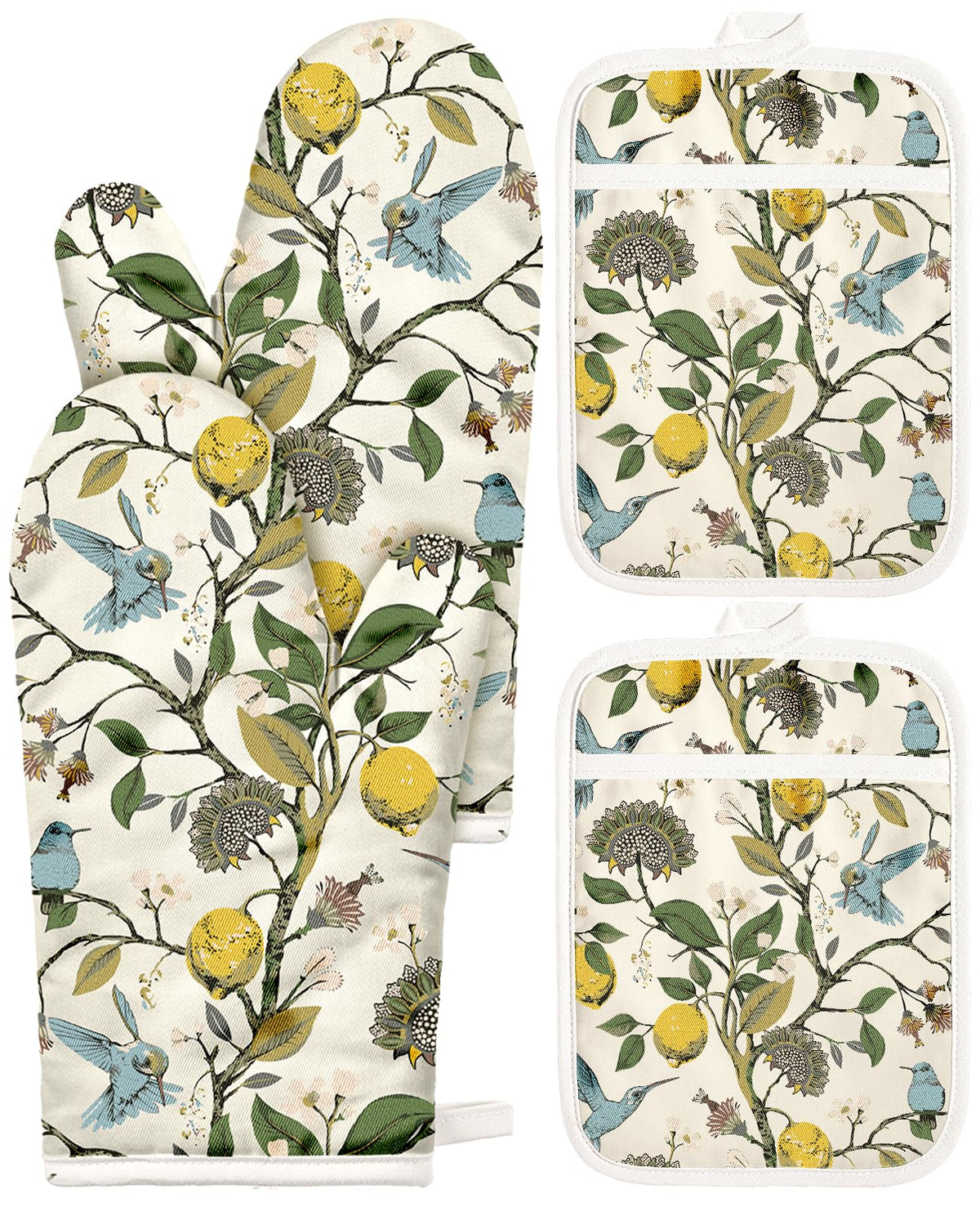 Miss Adola Cotton Oven Mitts and Pot Holders Sets, Lemon Songbird