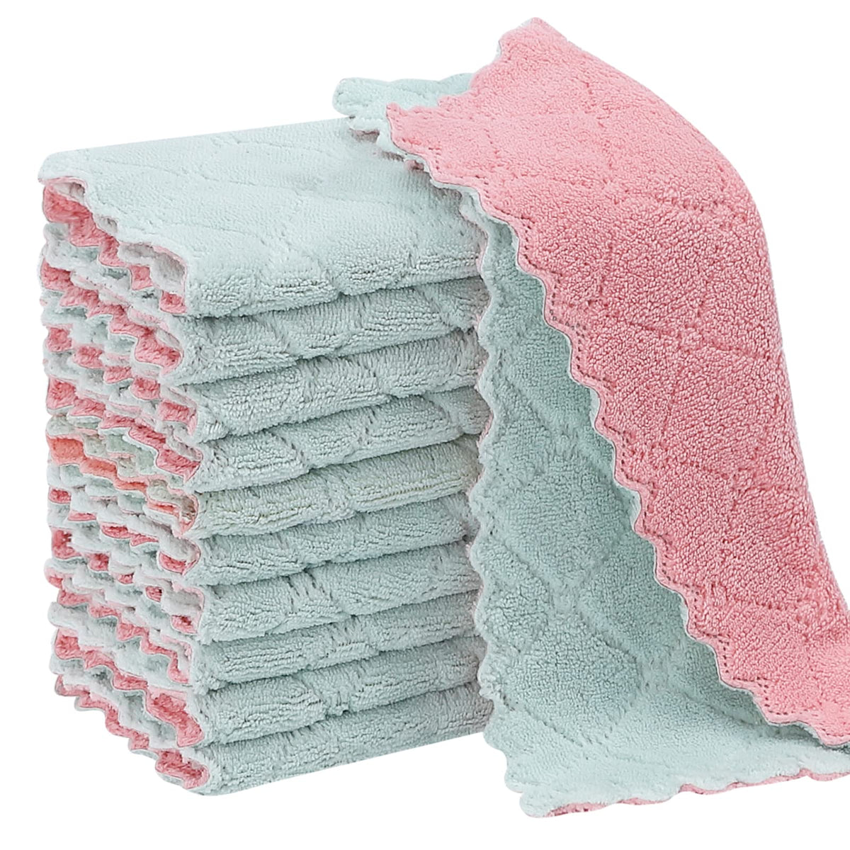 Rachan 22Pack Kitchen Dish Cloths,Reusable Dish Towels,Nonstick Oil Washable Fast Drying,Super Absorbent Coral Velvet Cleaning Cloths for Cleaning Tableware,Kitchen,Bathroom (Green-grey10 x 6")