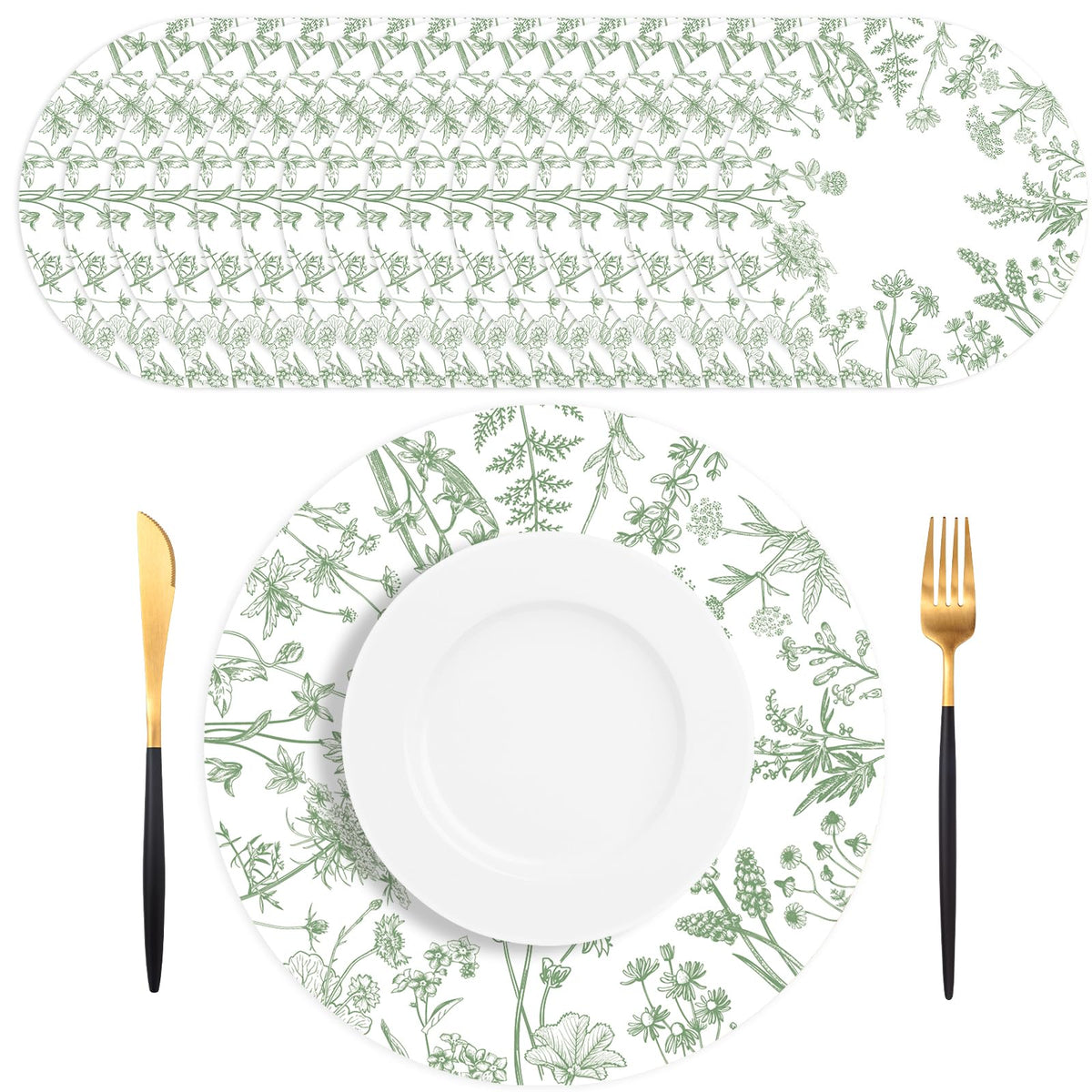 50 PCS Green Floral Paper Placemats, 13.5 Inch Paper Placemats Disposable with Butterfly and Flowers Print, for Decor Birthday Summer Wedding Wildflower Party, Banquet Table Settings