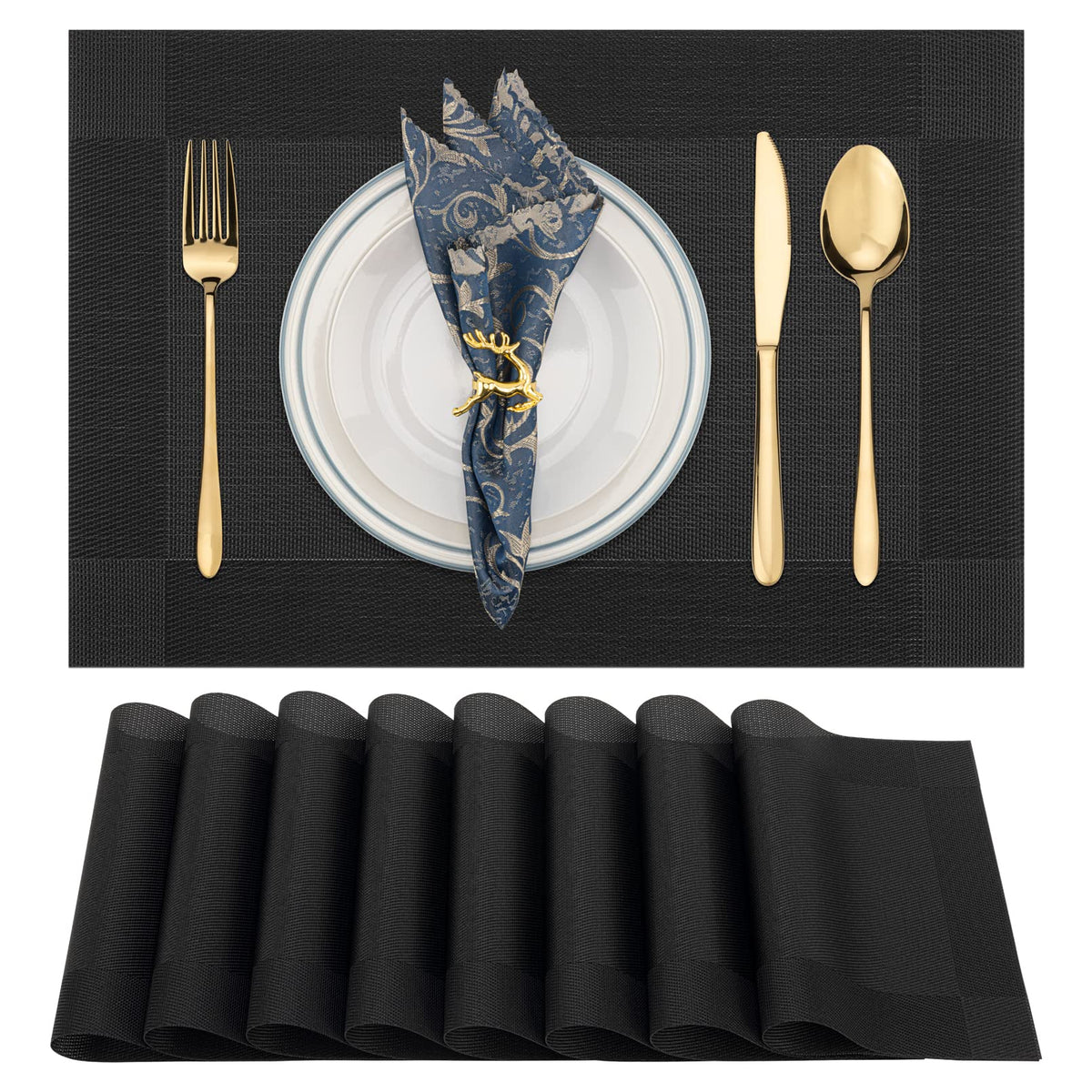 Winknowl Placemats Set of 8, Heat Resistant Non-Slip Vinyl Woven Table Mats for Dining Table, Washable Durable Elegant Place Mats for Kitchen Indoor/Outdoor Use (Beige Blue)