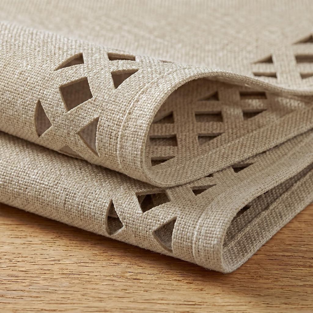 Artoid Mode Farmhouse Placemats Set of 6, Linen Textured Lattice Cutwork Fall Place Mats for Kitchen Dining Table Decor and Outdoor Party, 12 x 18 Inchs, Light Brown