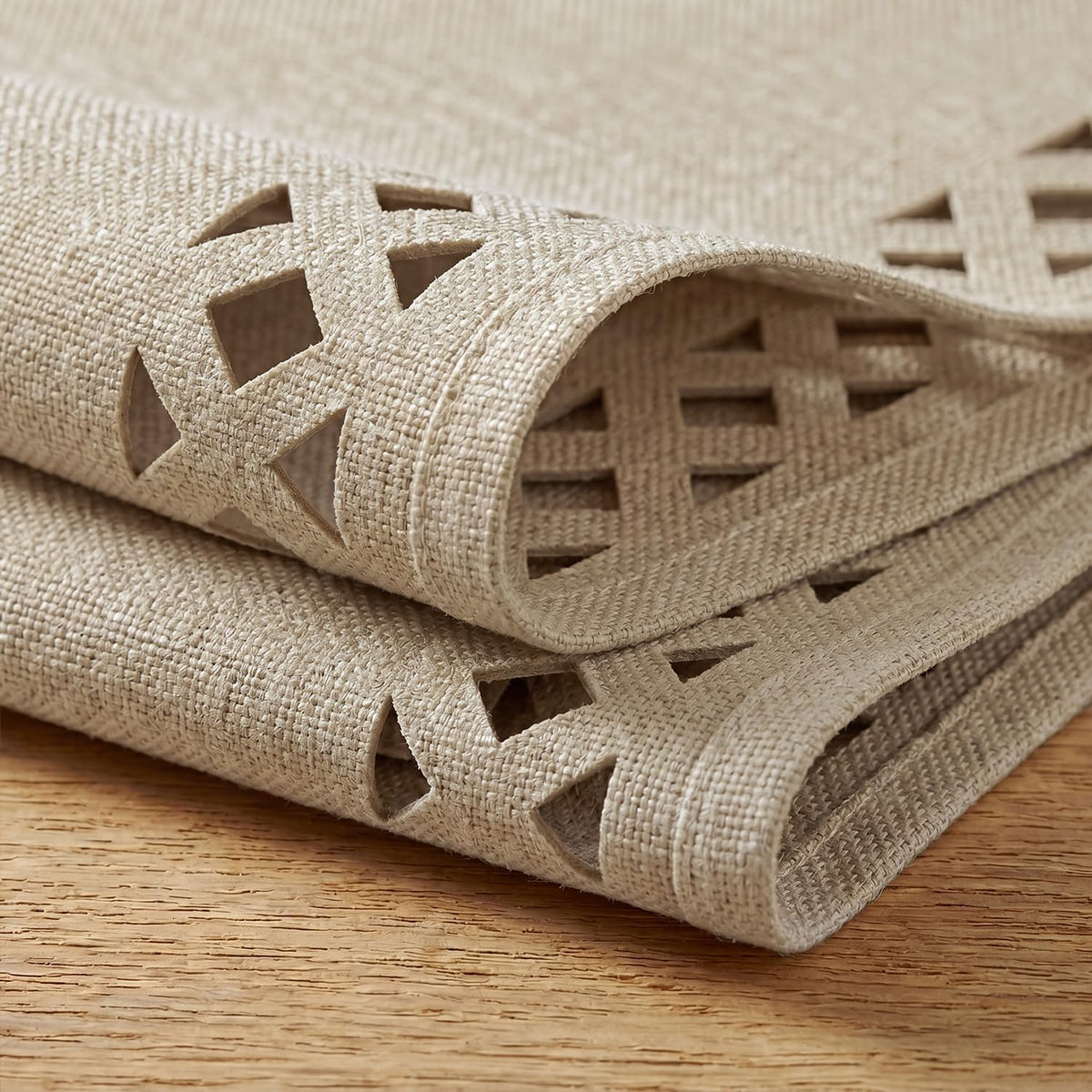 Artoid Mode Farmhouse Placemats Set of 6, Linen Textured Lattice Cutwork Fall Place Mats for Kitchen Dining Table Decor and Outdoor Party, 12 x 18 Inchs, Light Brown