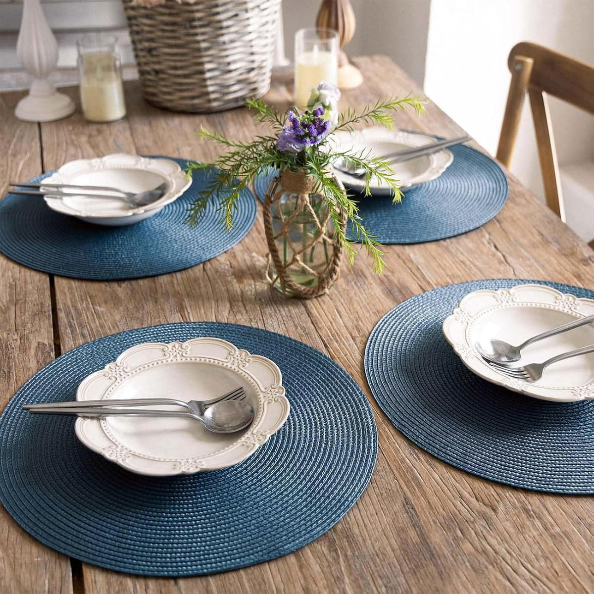 FunWheat Round Braided Placemats Set of 6 Table Mats for Dining Tables Woven Washable Non-Slip Place mats 15 in(Blue, 6pcs)