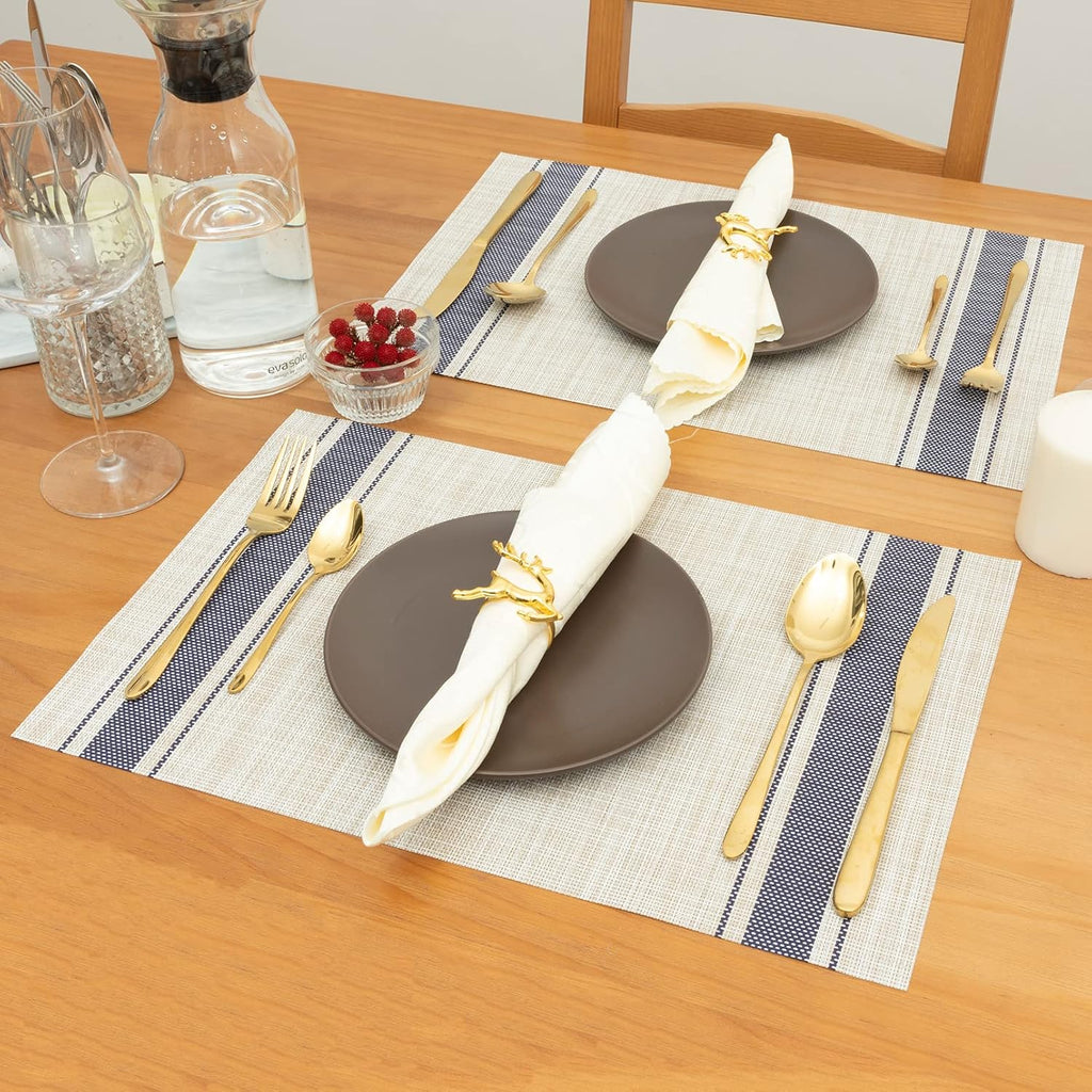 Winknowl Placemats Set of 8, Heat Resistant Non-Slip Vinyl Woven Table Mats for Dining Table, Washable Durable Elegant Place Mats for Kitchen Indoor/Outdoor Use (Beige Blue)