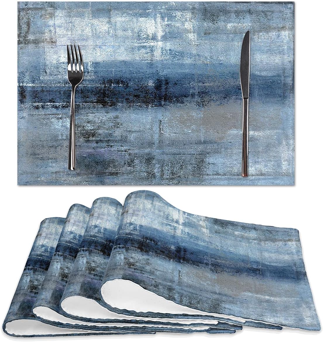 Blue and Grey Placemats Set of 4 Modern Abstract Art Placemats Heat Resistant Non-Slip Artwork Dining Placemats Washable Table Mats for Home Kitchen (Blue and Grey, 18"X12")