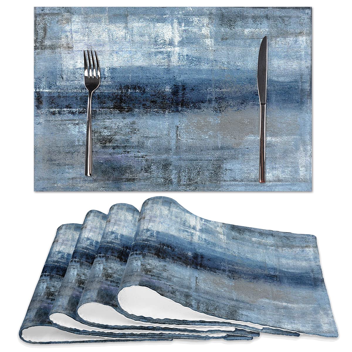 Blue and Grey Placemats Set of 4 Modern Abstract Art Placemats Heat Resistant Non-Slip Artwork Dining Placemats Washable Table Mats for Home Kitchen (Blue and Grey, 18"X12")