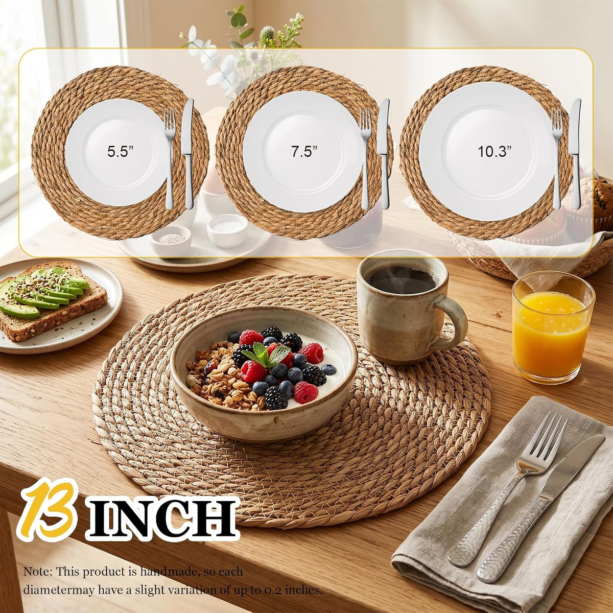 12 Pcs Round Woven Placemats - Yedoler 13 in Farmhouse Boho Straw Heat Resistant Outdoor Patio Rattan Wicker Table Mats, Natural Water Hyacinth Place Mats Coasters for Dining Table,Home,Wedding