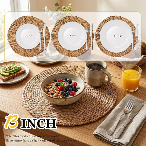 12 Pcs Round Woven Placemats - Yedoler 13 in Farmhouse Boho Straw Heat Resistant Outdoor Patio Rattan Wicker Table Mats, Natural Water Hyacinth Place Mats Coasters for Dining Table,Home,Wedding