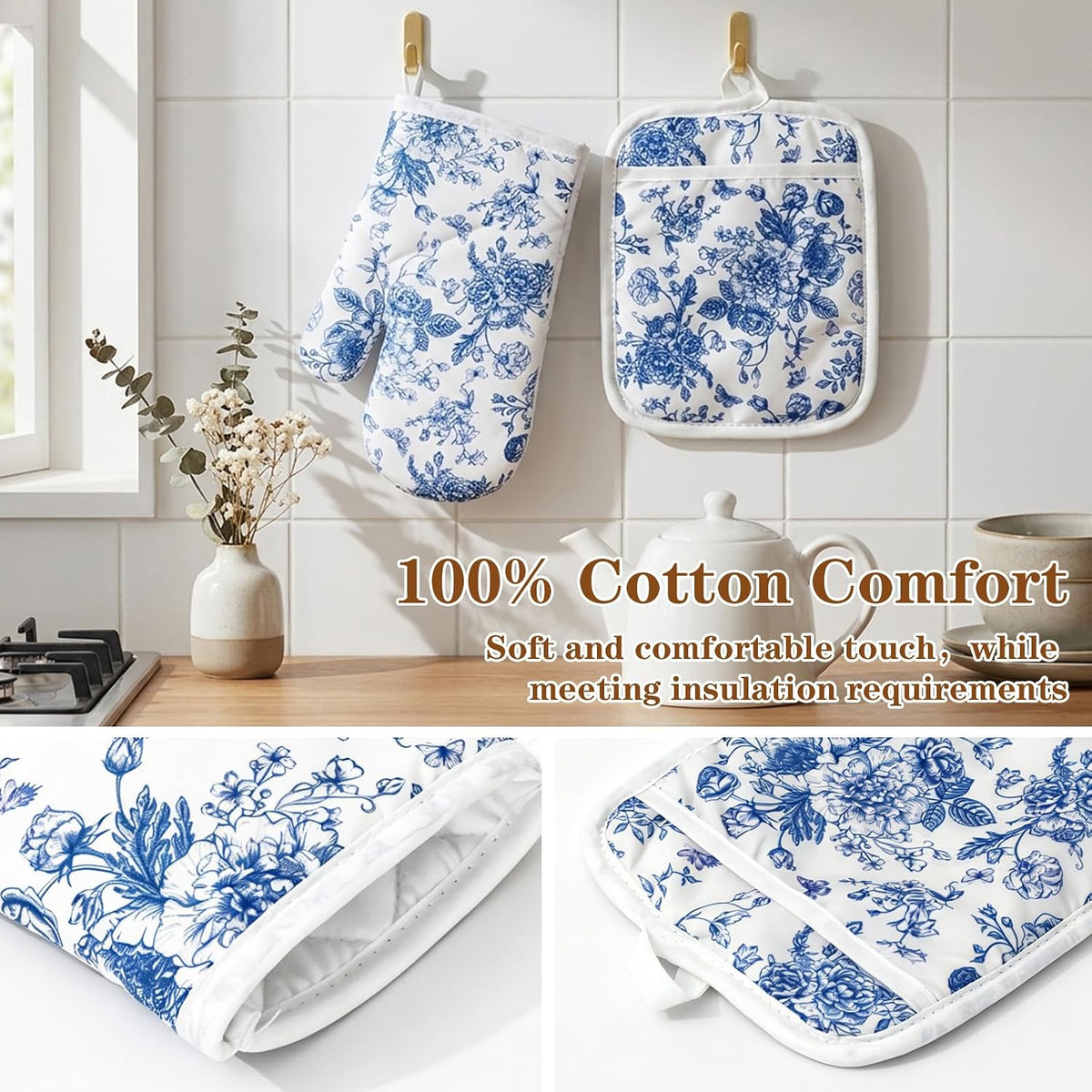 AnyDesign 4Pcs Blue Chinoiserie Floral Oven Mitts and Pot Holders Set