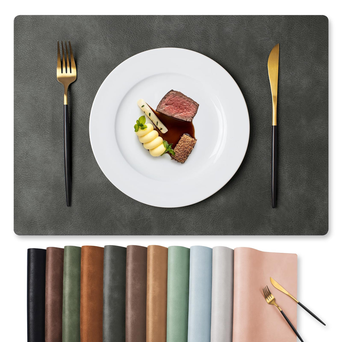 MOSAYT Vinyl Faux Leather Placemats, Set of 8, Reddish Brown