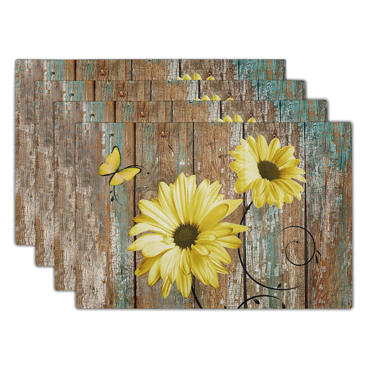 Giwawa Boho Ethnic Placemats Set of 4 Vintage Orange Brown Retro Flower Decorative Linen Table Place Mats 12"x18" Rustic Country Style Floral Place Mats Heat Resistance for Kitchen Dining Farmhouse
